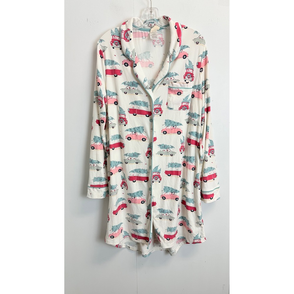 Munki Munki Christmas‎ Nightshirt Womens Large Vintage Car Tree Sleep Shirt Pink